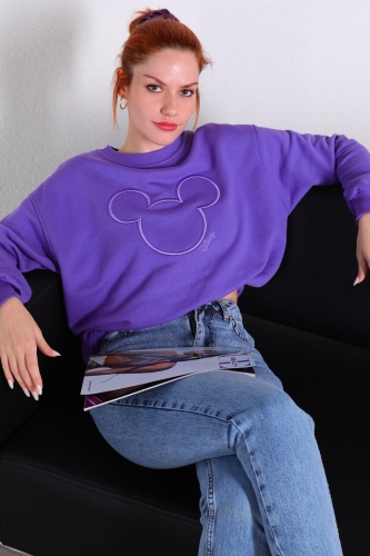 SWT-014176 Mor Mouse Nakışlı Üç İplik Şardonlu Sweatshirt - Thumbnail