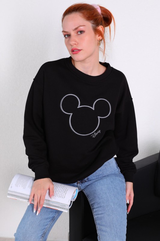 SWT-014176 Siyah Mouse Nakışlı Üç İplik Şardonlu Sweatshirt