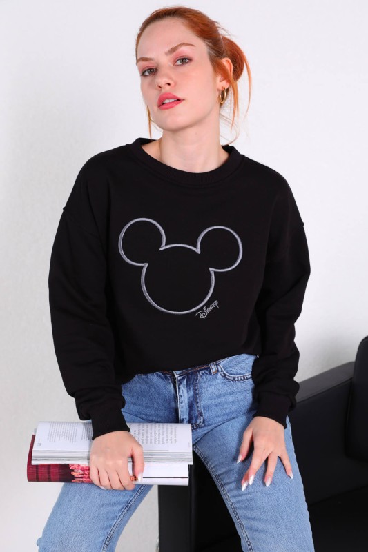 SWT-014176 Siyah Mouse Nakışlı Üç İplik Şardonlu Sweatshirt