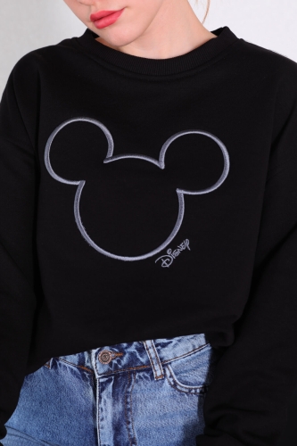 Cappmoda - SWT-014176 Siyah Mouse Nakışlı Üç İplik Şardonlu Sweatshirt (1)