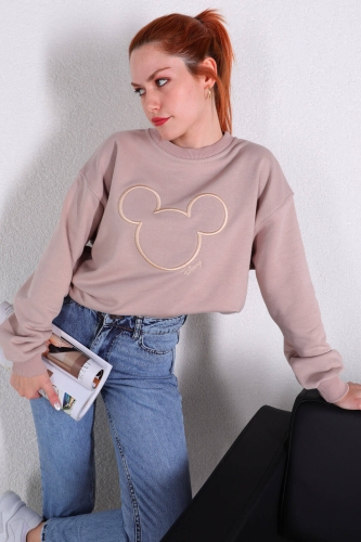 SWT-014176 Taş Rengi Mouse Nakışlı Üç İplik Şardonlu Sweatshirt - Thumbnail