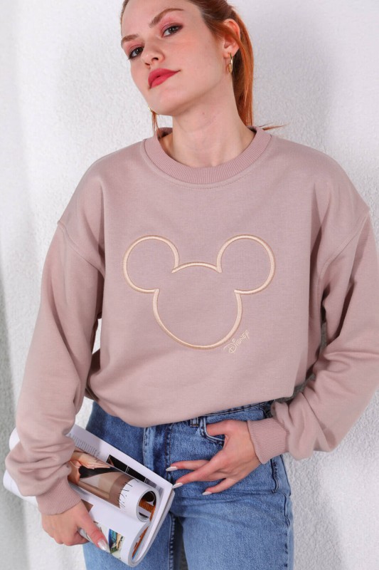 SWT-014176 Taş Rengi Mouse Nakışlı Üç İplik Şardonlu Sweatshirt