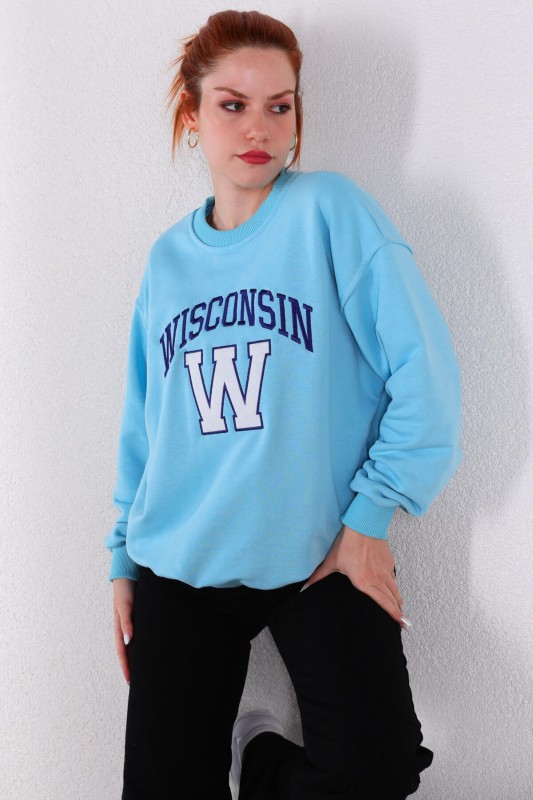 SWT-014177 Bebe Mavi Wisconsin Yazı Nakışlı Üç İplik Şardonlu Sweatshirt
