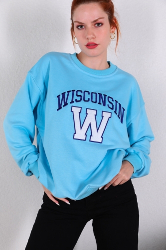 SWT-014177 Bebe Mavi Wisconsin Yazı Nakışlı Üç İplik Şardonlu Sweatshirt - Thumbnail