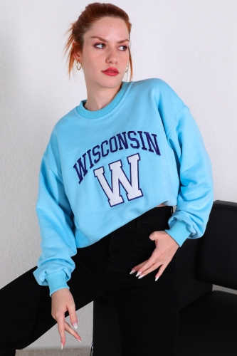 Cappmoda - SWT-014177 Bebe Mavi Wisconsin Yazı Nakışlı Üç İplik Şardonlu Sweatshirt (1)