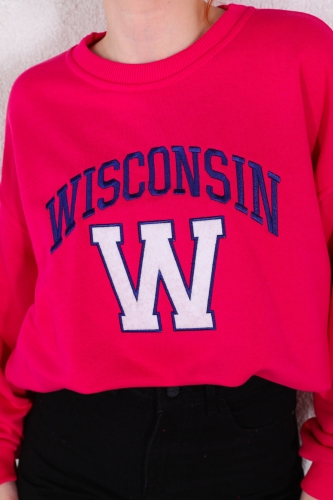 Cappmoda - SWT-014177 Pembe Wisconsin Yazı Nakışlı Üç İplik Şardonlu Sweatshirt (1)