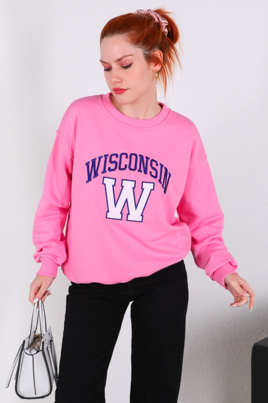 SWT-014177 Pudra Wisconsin Yazı Nakışlı Üç İplik Şardonlu Sweatshirt