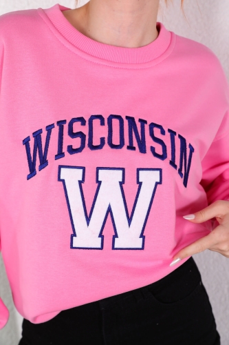 SWT-014177 Pudra Wisconsin Yazı Nakışlı Üç İplik Şardonlu Sweatshirt - Thumbnail