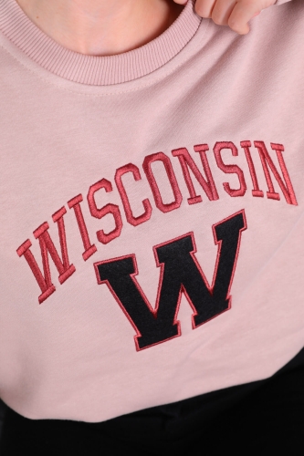 Cappmoda - SWT-014177 Taş Rengi Wisconsin Yazı Nakışlı Üç İplik Şardonlu Sweatshirt (1)