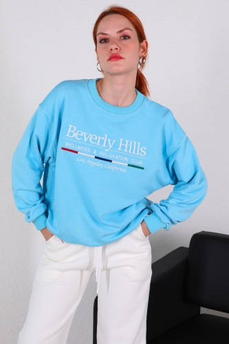 SWT-014178 Bebe Mavi Beverly Hills Yazı Nakışlı Üç İplik Şardonlu Sweatshirt - Thumbnail