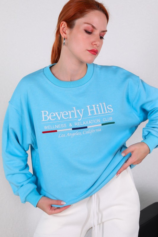 SWT-014178 Bebe Mavi Beverly Hills Yazı Nakışlı Üç İplik Şardonlu Sweatshirt