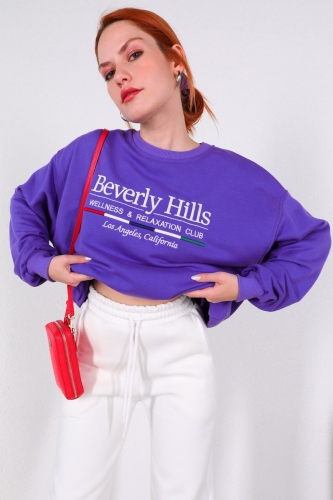 SWT-014178 Mor Beverly Hills Yazı Nakışlı Sweatshirt - Thumbnail