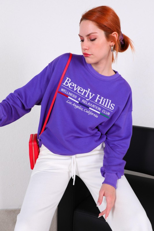 SWT-014178 Mor Beverly Hills Yazı Nakışlı Sweatshirt