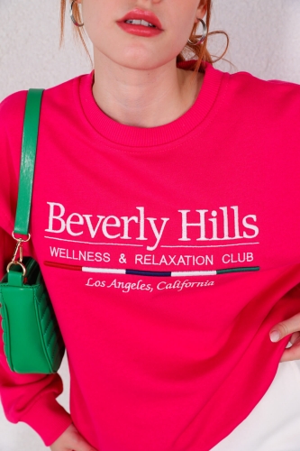 Cappmoda - SWT-014178 Pembe Beverly Hills Yazı Nakışlı Üç İplik Şardonlu Sweatshirt (1)