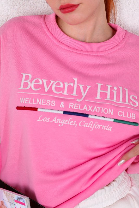 SWT-014178 Pudra Beverly Hills Yazı Nakışlı Üç İplik Şardonlu Sweatshirt