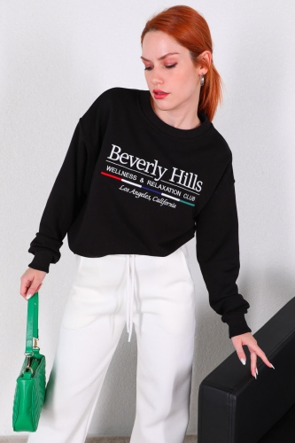 SWT-014178 Siyah Beverly Hills Yazı Nakışlı Üç İplik Şardonlu Sweatshirt - Thumbnail