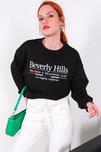 SWT-014178 Siyah Beverly Hills Yazı Nakışlı Üç İplik Şardonlu Sweatshirt - Thumbnail