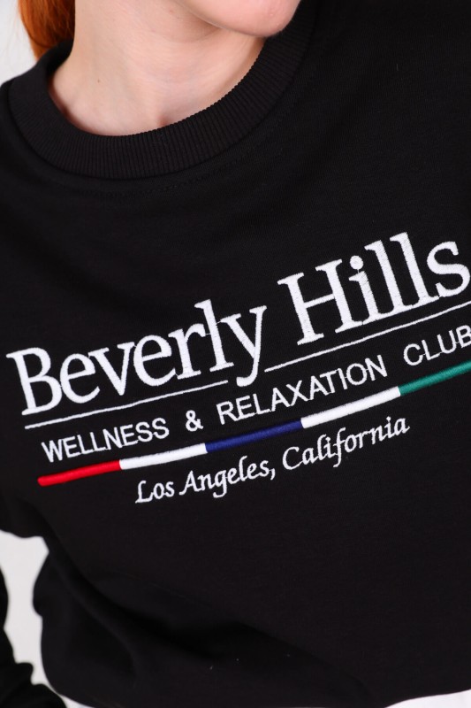 SWT-014178 Siyah Beverly Hills Yazı Nakışlı Üç İplik Şardonlu Sweatshirt
