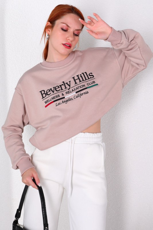 SWT-014178 Taş Rengi Beverly Hills Yazı Nakışlı Üç İplik Şardonlu Sweatshirt
