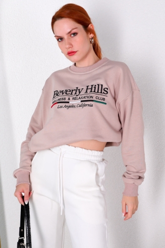 SWT-014178 Taş Rengi Beverly Hills Yazı Nakışlı Üç İplik Şardonlu Sweatshirt - Thumbnail