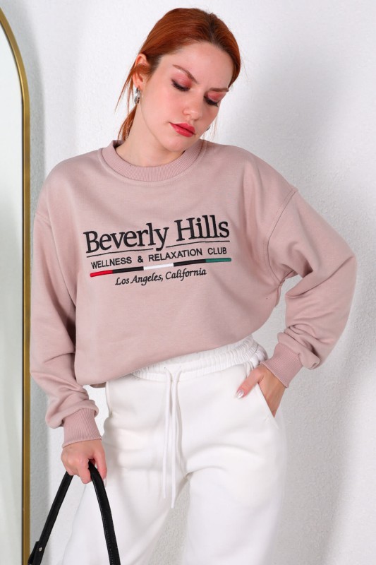 SWT-014178 Taş Rengi Beverly Hills Yazı Nakışlı Üç İplik Şardonlu Sweatshirt
