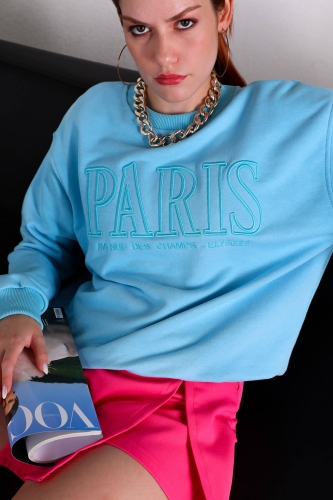 Cappmoda - SWT-014179 Bebe Mavi Paris Yazı Nakışlı Üç İplik Şardonlu Sweatshirt (1)