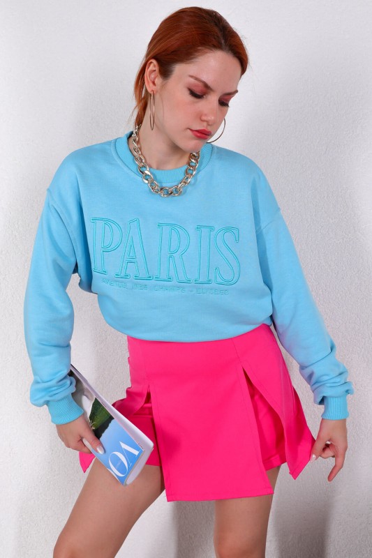 SWT-014179 Bebe Mavi Paris Yazı Nakışlı Üç İplik Şardonlu Sweatshirt