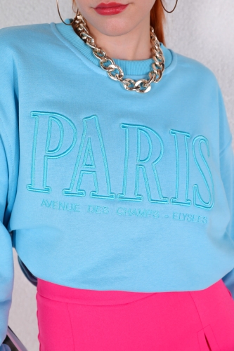 SWT-014179 Bebe Mavi Paris Yazı Nakışlı Üç İplik Şardonlu Sweatshirt - Thumbnail
