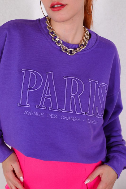 SWT-014179 Mor Paris Yazı Nakışlı Üç İplik Şardonlu Sweatshirt