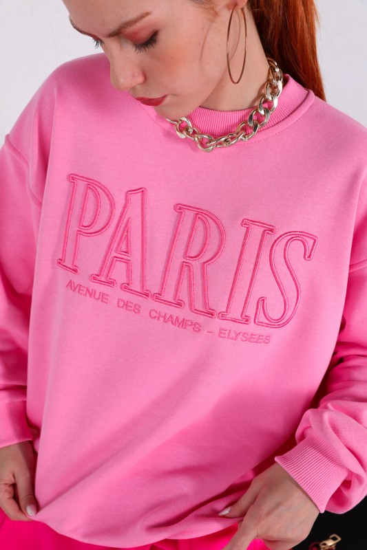 SWT-014179 Pudra Paris Yazı Nakışlı Üç İplik Şardonlu Sweatshirt