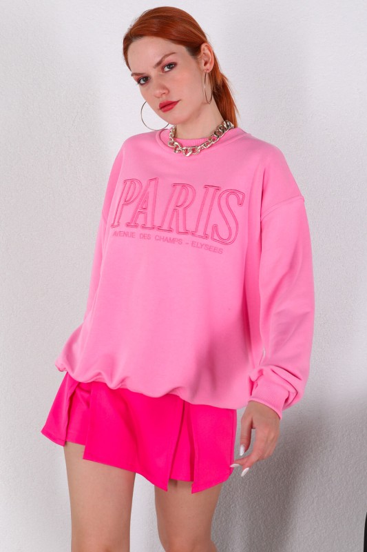SWT-014179 Pudra Paris Yazı Nakışlı Üç İplik Şardonlu Sweatshirt