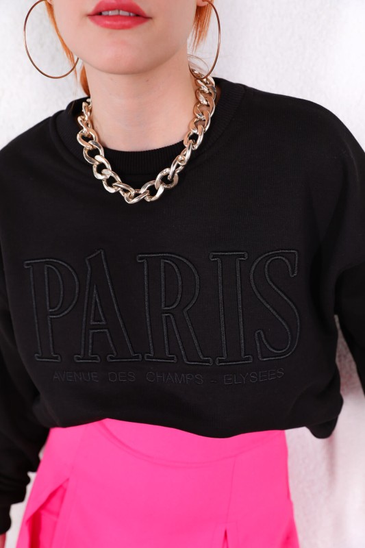 SWT-014179 Siyah Paris Yazı Nakışlı Üç İplik Şardonlu Sweatshirt