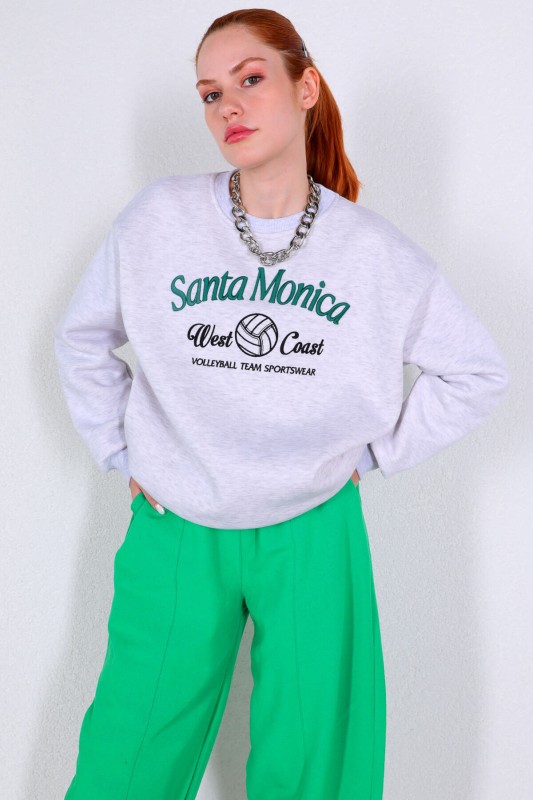 SWT-014180 Karmelanj Santa Monica Yeşil Yazı Nakışlı Üç İplik Şardonlu Sweatshirt