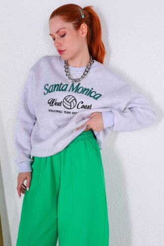 SWT-014180 Karmelanj Santa Monica Yeşil Yazı Nakışlı Üç İplik Şardonlu Sweatshirt - Thumbnail