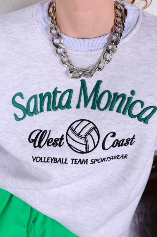 SWT-014180 Karmelanj Santa Monica Yeşil Yazı Nakışlı Üç İplik Şardonlu Sweatshirt