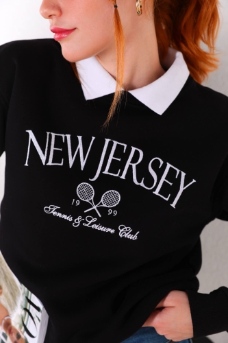 Cappmoda - SWT-014188 Siyah Yaka Detaylı New Jersey Yazı Nakışlı Üç İplik Şardonlu Sweatshirt (1)