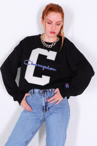 Cappmoda - SWT-014189 Siyah C Logo Nakışlı Üç İplik Şardonlu Sweatshirt (1)