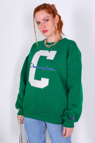 Cappmoda - SWT-014189 Yeşil C Logo Nakışlı Üç İplik Şardonlu Sweatshirt (1)