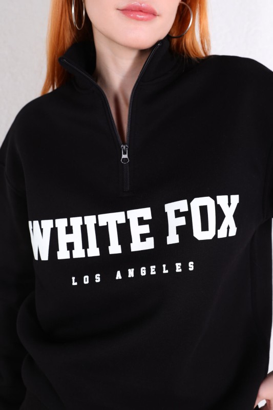 SWT-014193 Siyah Yarım Fermuarlı White Fox Baskılı Sweatshirt