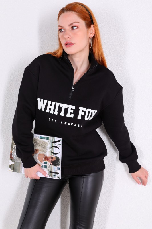SWT-014193 Siyah Yarım Fermuarlı White Fox Baskılı Sweatshirt