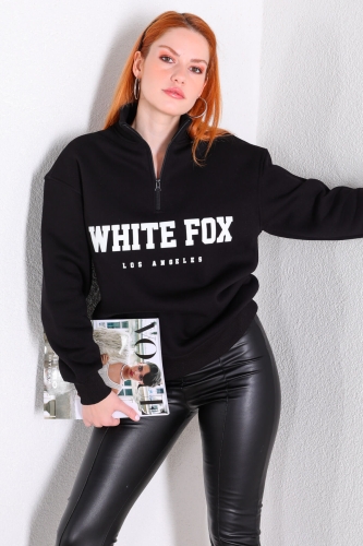 SWT-014193 Siyah Yarım Fermuarlı White Fox Baskılı Sweatshirt - Thumbnail