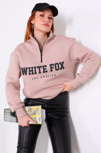SWT-014193 Vizon Yarım Fermuarlı White Fox Baskılı Sweatshirt - Thumbnail