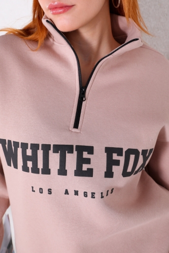 SWT-014193 Vizon Yarım Fermuarlı White Fox Baskılı Sweatshirt - Thumbnail