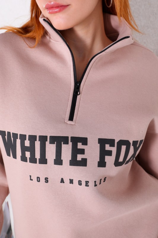 SWT-014193 Vizon Yarım Fermuarlı White Fox Baskılı Sweatshirt