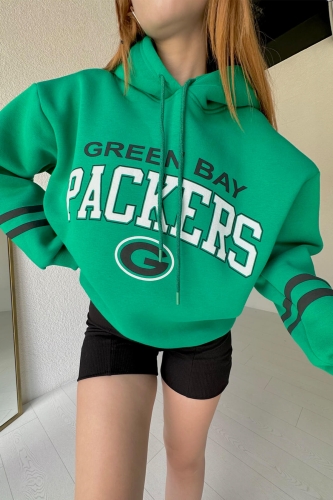 Cappmoda - SWT-14217 Yeşil Packers Yazı Baskılı Kol Şerit Kapüşonlu Oversize Sweatshirt (1)