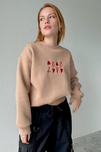 SWT-14237 Vizon Love Nakışlı Bisiklet Yaka Üç İplik Şardonlu Sweatshirt - Thumbnail