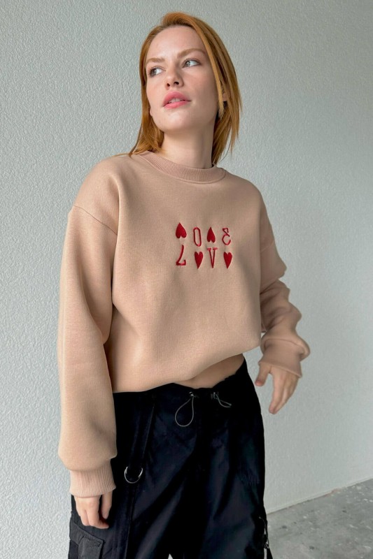 SWT-14237 Vizon Love Nakışlı Bisiklet Yaka Üç İplik Şardonlu Sweatshirt