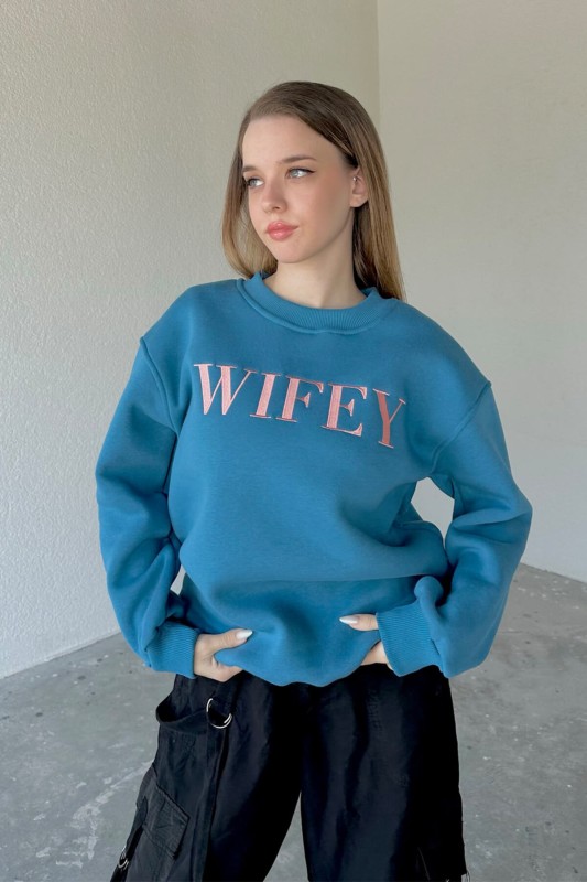 SWT-14240 Mavi Wifey Yazı Nakışlı Şardonlu Sweatshirt