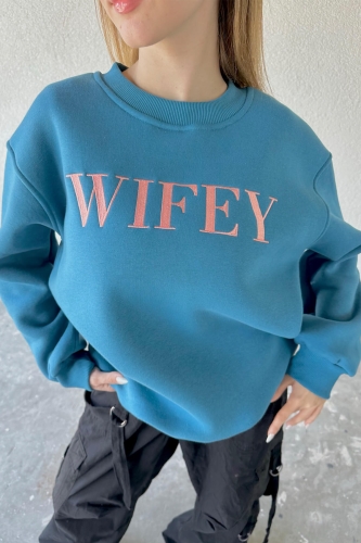 SWT-14240 Mavi Wifey Yazı Nakışlı Şardonlu Sweatshirt - Thumbnail