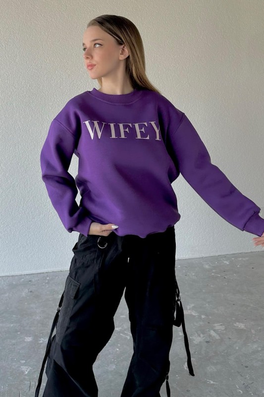 SWT-14240 Mor Wifey Yazı Nakışlı Şardonlu Sweatshirt